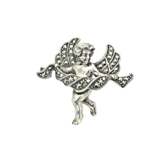 Vintage 3D Cherub Brooch With Marcasite .925 Sterling Silver 8.5g Elegant Jewelry Accessory Classic Design