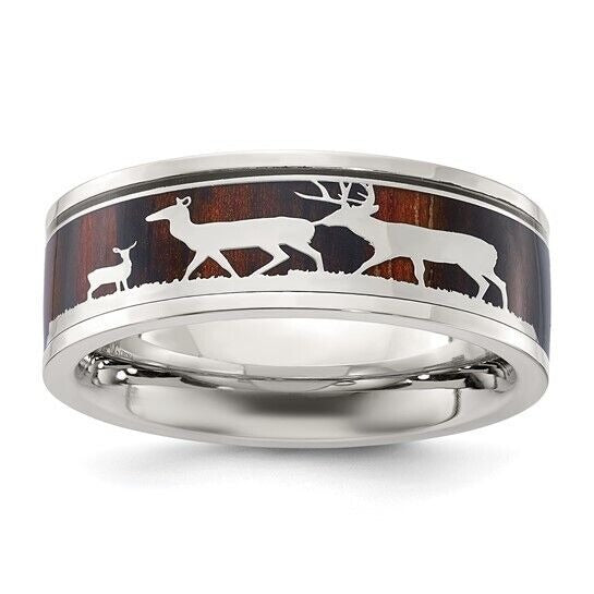 Chisel Stainless Steel Polished Wood Inlay Deer Design 8mm Band Ring Size 13