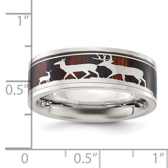 Chisel Stainless Steel Polished Wood Inlay Deer Design 8mm Band Ring Size 13