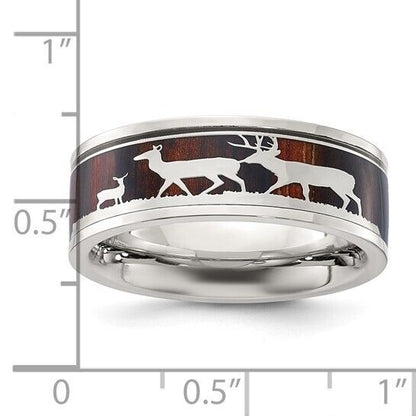 Chisel Stainless Steel Polished Wood Inlay Deer Design 8mm Band Ring Size 13