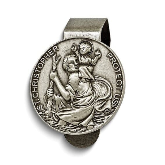 Pewter ST. CHRISTOPHER PROTECT US Visor Clip Perfect Religious Gift