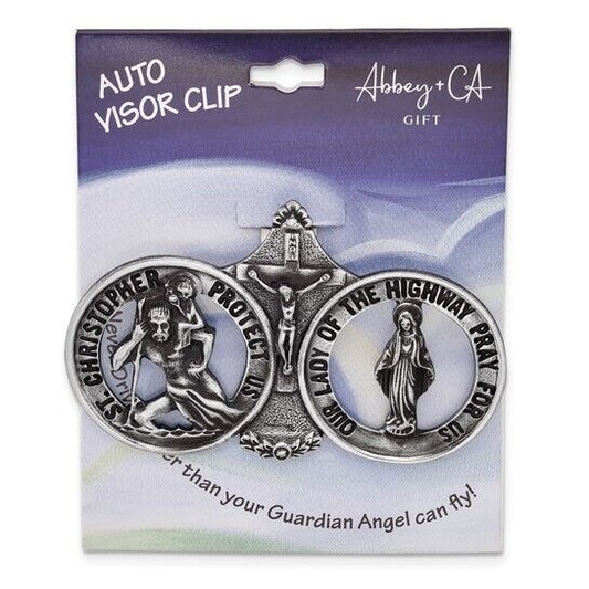 Silver-tone St. Christopher and Our Lady of the Highway Visor Clip