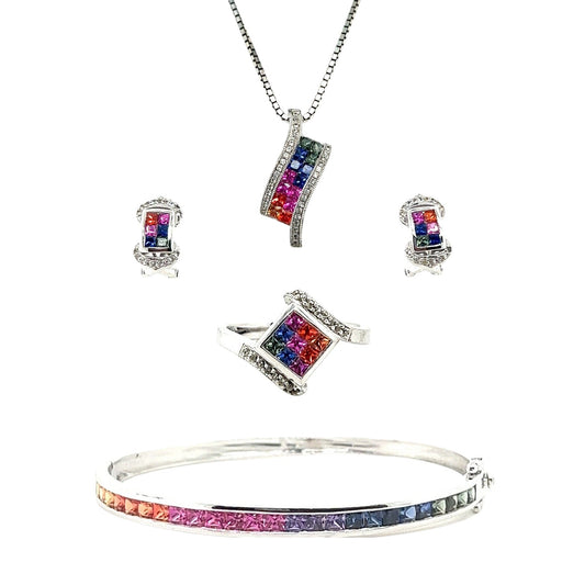 Rhodium Plated Sterling Silver Multicolor Sapphires Complete Jewelry Set 24.1g