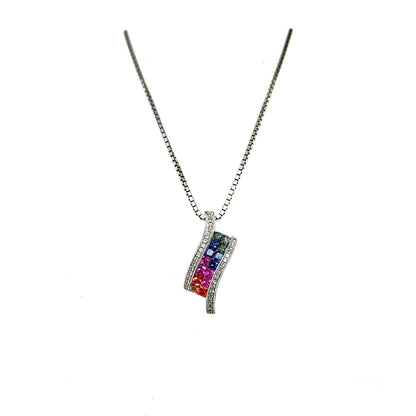 Rhodium Plated Sterling Silver Multicolor Sapphires Complete Jewelry Set 24.1g
