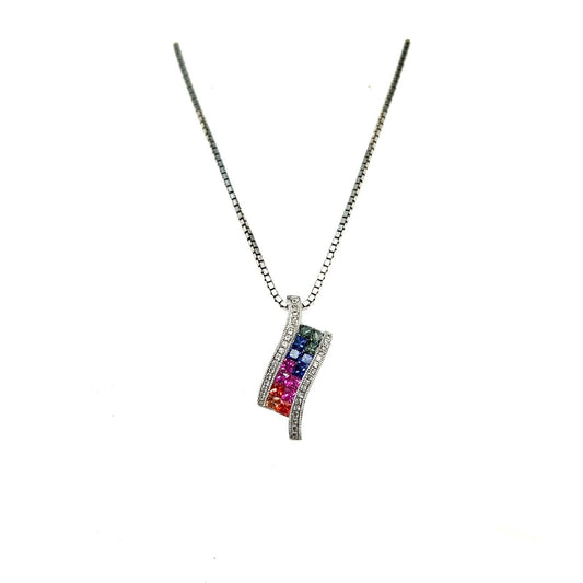 Rhodium Plated Sterling Silver Multicolor Sapphires Complete Jewelry Set 24.1g