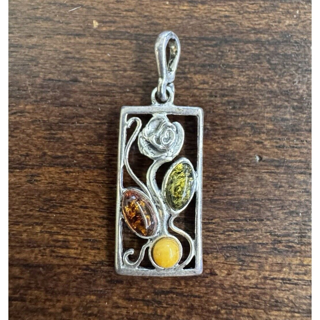 Sterling Silver .925 Flower In Frame Pendant With 3 Gemstones