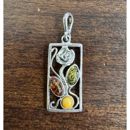 Sterling Silver .925 Flower In Frame Pendant With 3 Gemstones