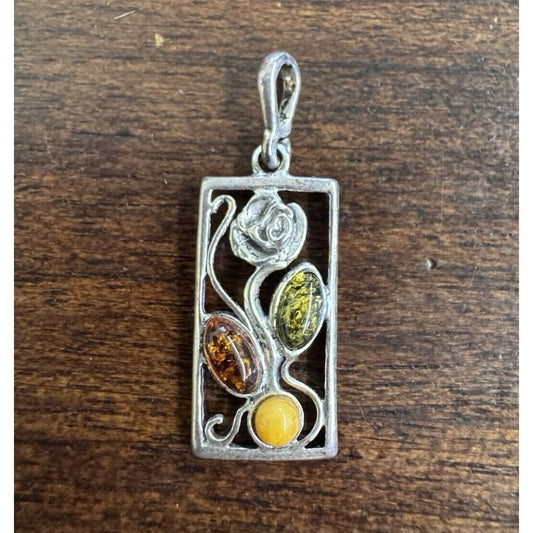 Sterling Silver .925 Flower In Frame Pendant With 3 Gemstones