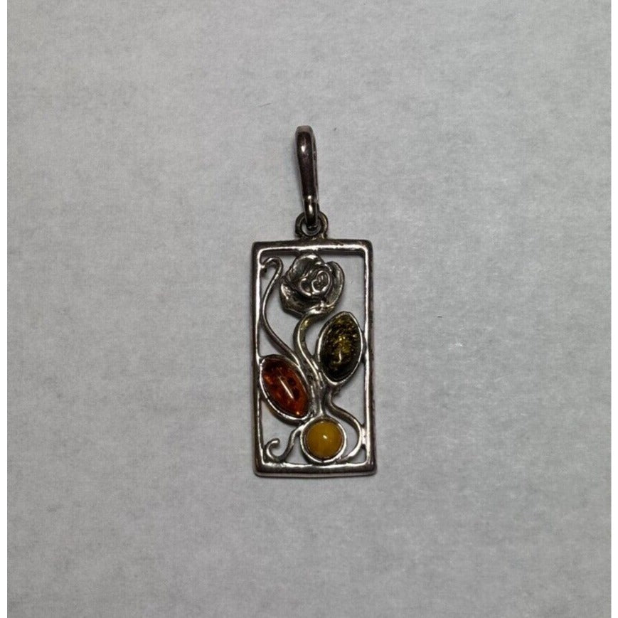 Sterling Silver .925 Flower In Frame Pendant With 3 Gemstones