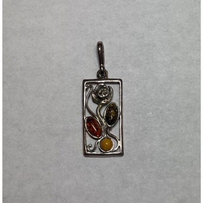 Sterling Silver .925 Flower In Frame Pendant With 3 Gemstones