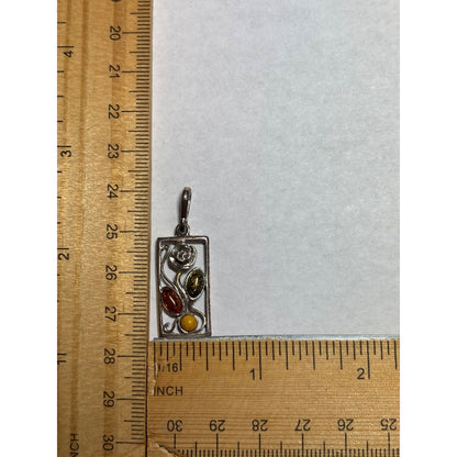 Sterling Silver .925 Flower In Frame Pendant With 3 Gemstones