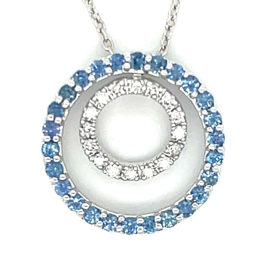 14K White Gold Blue Sapphire & Diamond Circle Pendant Necklace 18"