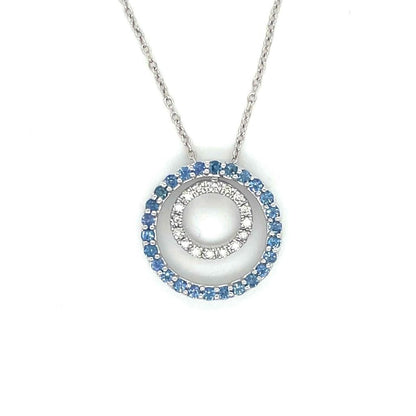 14K White Gold Blue Sapphire & Diamond Circle Pendant Necklace 18"
