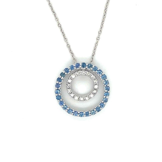 14K White Gold Blue Sapphire & Diamond Circle Pendant Necklace 18"