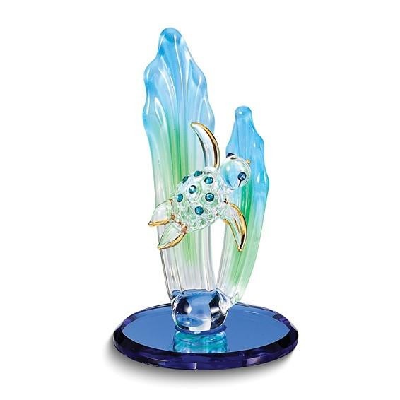 Handmade Sea Turtle Glass Figurine Crystals Blue Base