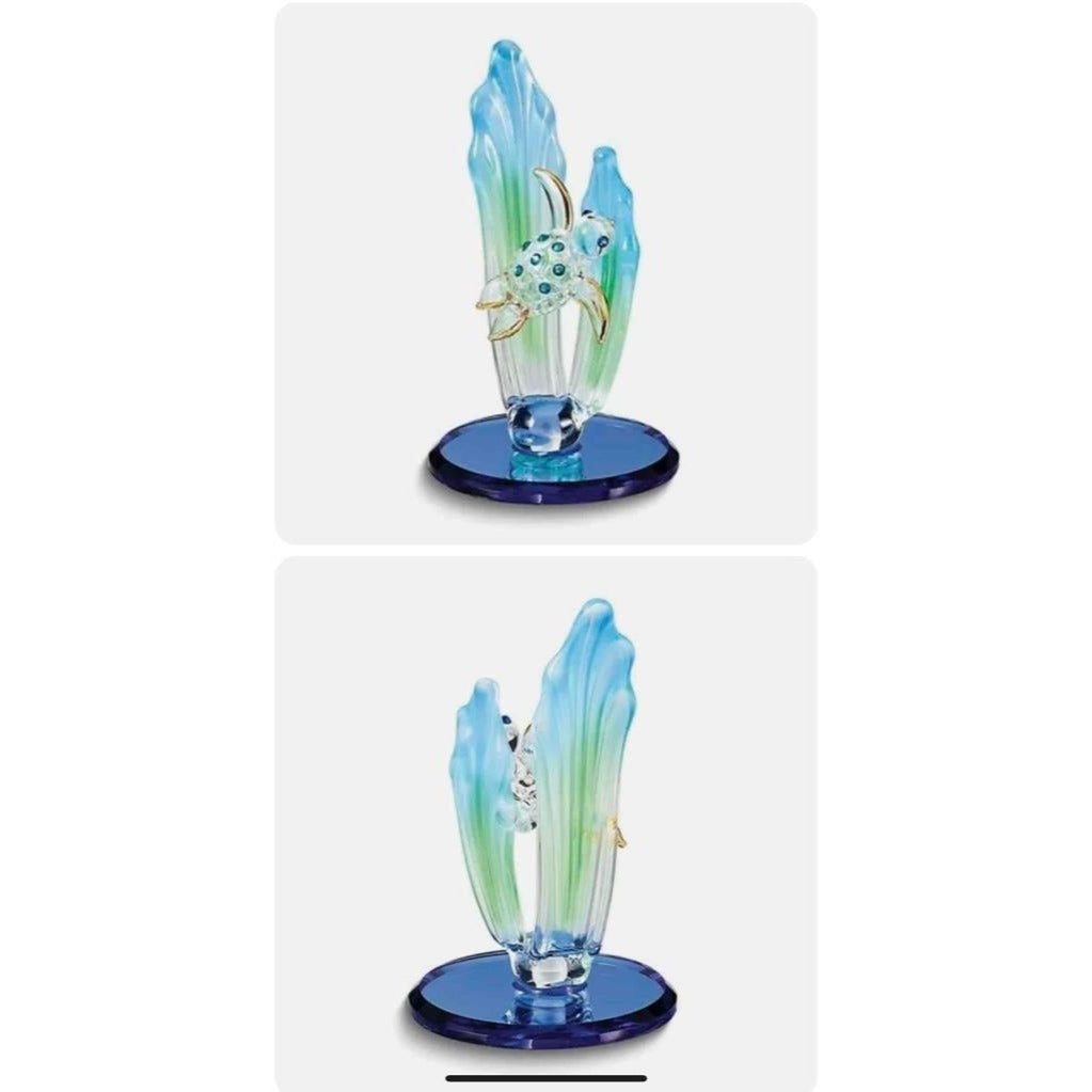 Handmade Sea Turtle Glass Figurine Crystals Blue Base