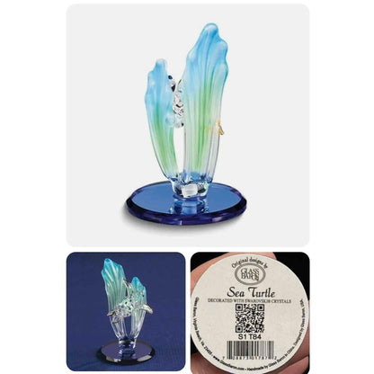 Handmade Sea Turtle Glass Figurine Crystals Blue Base