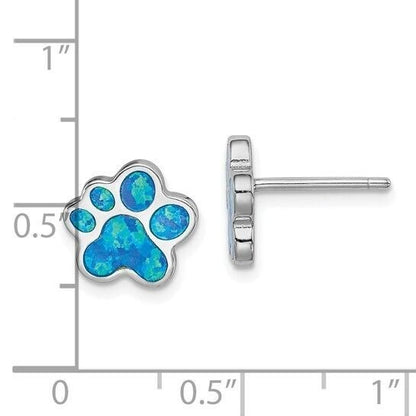 Sterling Silver Rhodium-Plated Created Opal Inlay Paw Print Button Earrings 925