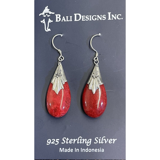 Maroon Red Color Teardrop Sterling Silver Dangle Drop Earrings