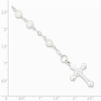 Sterling Silver & Freshwater Cultured Pearl Rosary Bracelet 7.5" Cross Charm