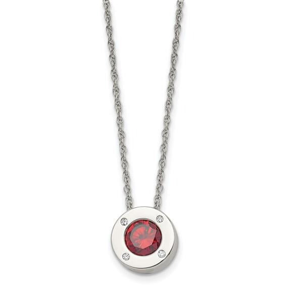 Birthstone Stainless Steel Necklace Red Crystal Pendant & Lobster Clasp - 20 Inch Chain