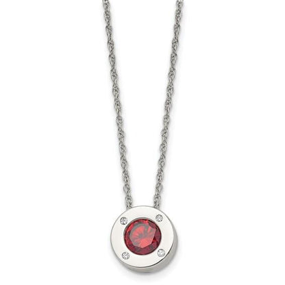 Birthstone Stainless Steel Necklace Red Crystal Pendant & Lobster Clasp - 20 Inch Chain