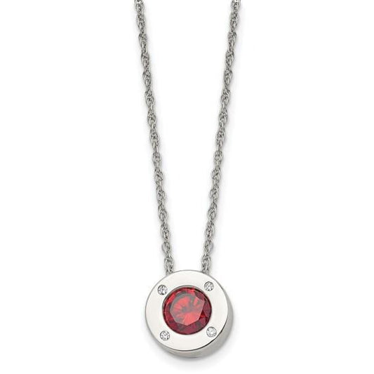 Birthstone Stainless Steel Necklace Red Crystal Pendant & Lobster Clasp - 20 Inch Chain