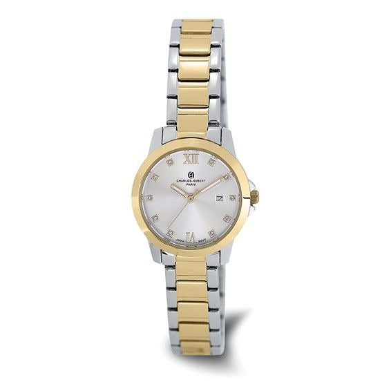 Charles Hubert Two-Tone Yellow IP-Plated Stainless Steel Silver-Tone Dial Date Quartz Watch