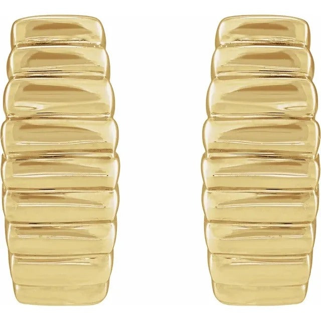 14K Yellow Gold Electroform Ribbed J-Hoop Earrings 15mm