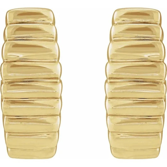 14K Yellow Gold Electroform Ribbed J-Hoop Earrings 15mm