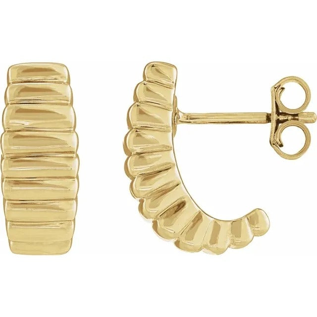 14K Yellow Gold Electroform Ribbed J-Hoop Earrings 15mm