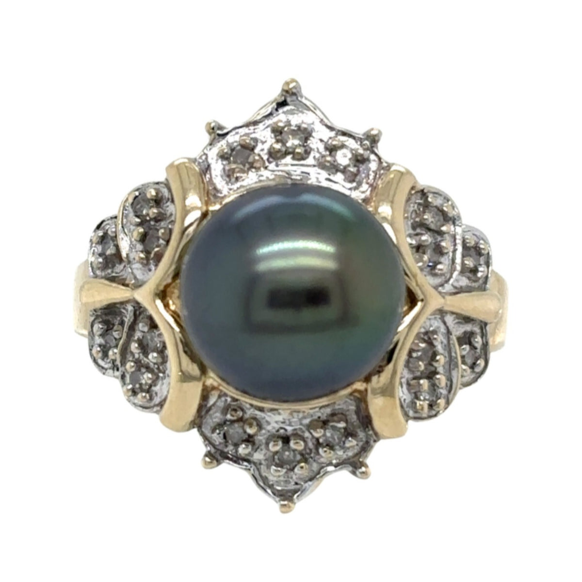 Black Pearl & Diamond 14k Yellow Gold Ring Size 6
