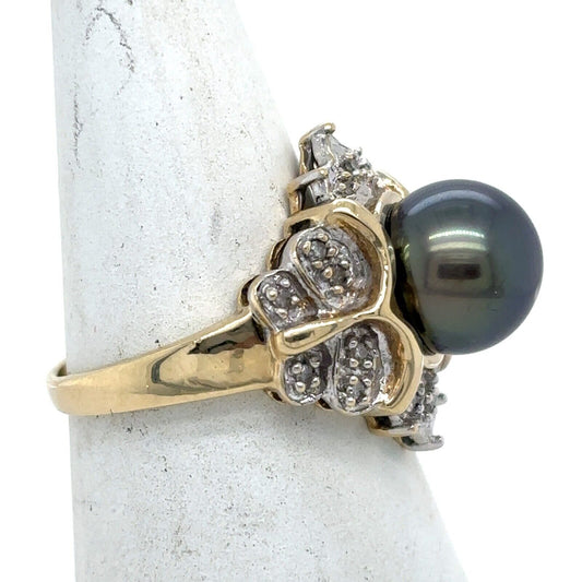 Black Pearl & Diamond 14k Yellow Gold Ring Size 6