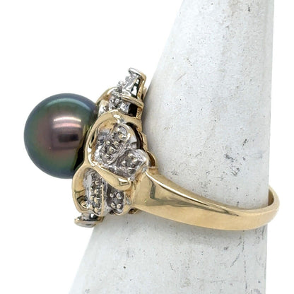 Black Pearl & Diamond 14k Yellow Gold Ring Size 6