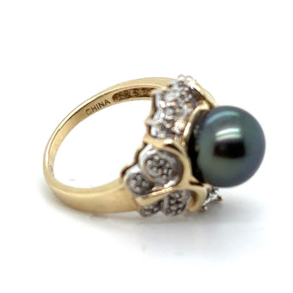 Black Pearl & Diamond 14k Yellow Gold Ring Size 6