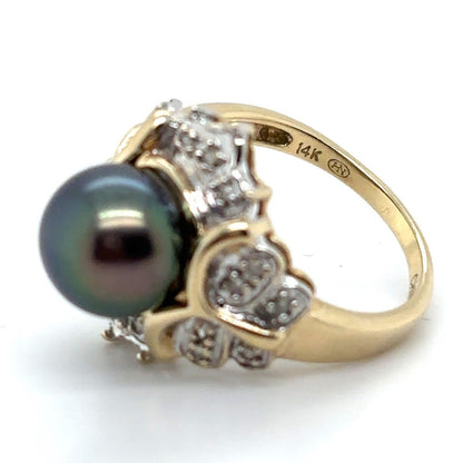Black Pearl & Diamond 14k Yellow Gold Ring Size 6