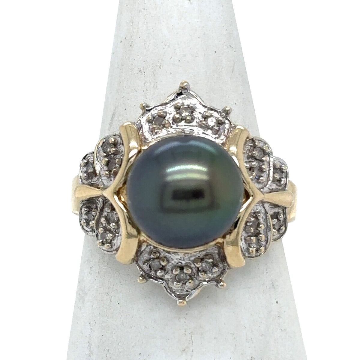 Black Pearl & Diamond 14k Yellow Gold Ring Size 6