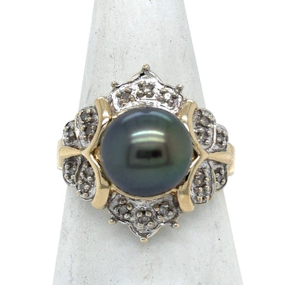Black Pearl & Diamond 14k Yellow Gold Ring Size 6