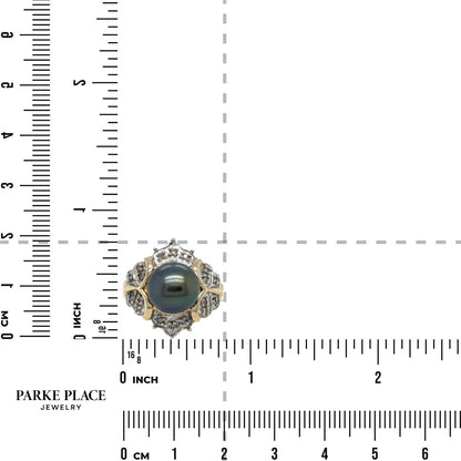 Black Pearl & Diamond 14k Yellow Gold Ring Size 6
