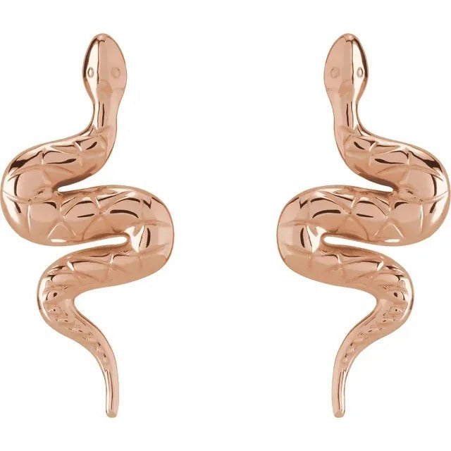 Rose Gold Snake Curved Drop Earrings 14K Minimalist Serpent Design