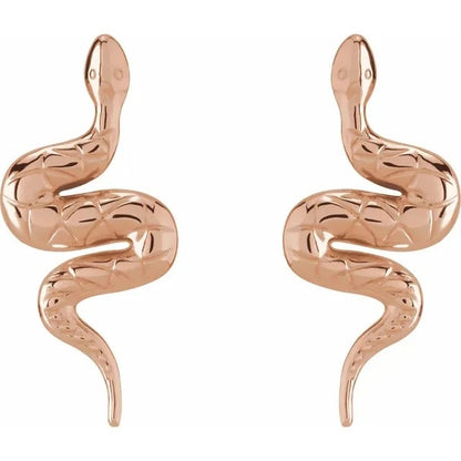 Rose Gold Snake Curved Drop Earrings 14K Minimalist Serpent Design