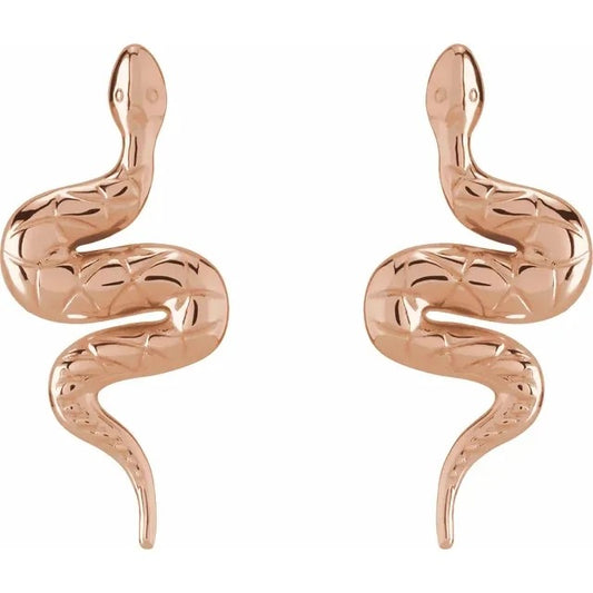 Rose Gold Snake Curved Drop Earrings 14K Minimalist Serpent Design