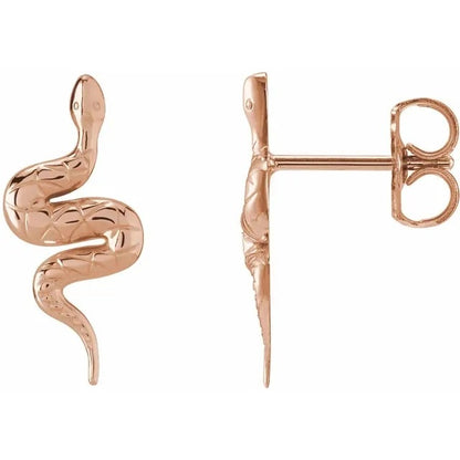 Rose Gold Snake Curved Drop Earrings 14K Minimalist Serpent Design