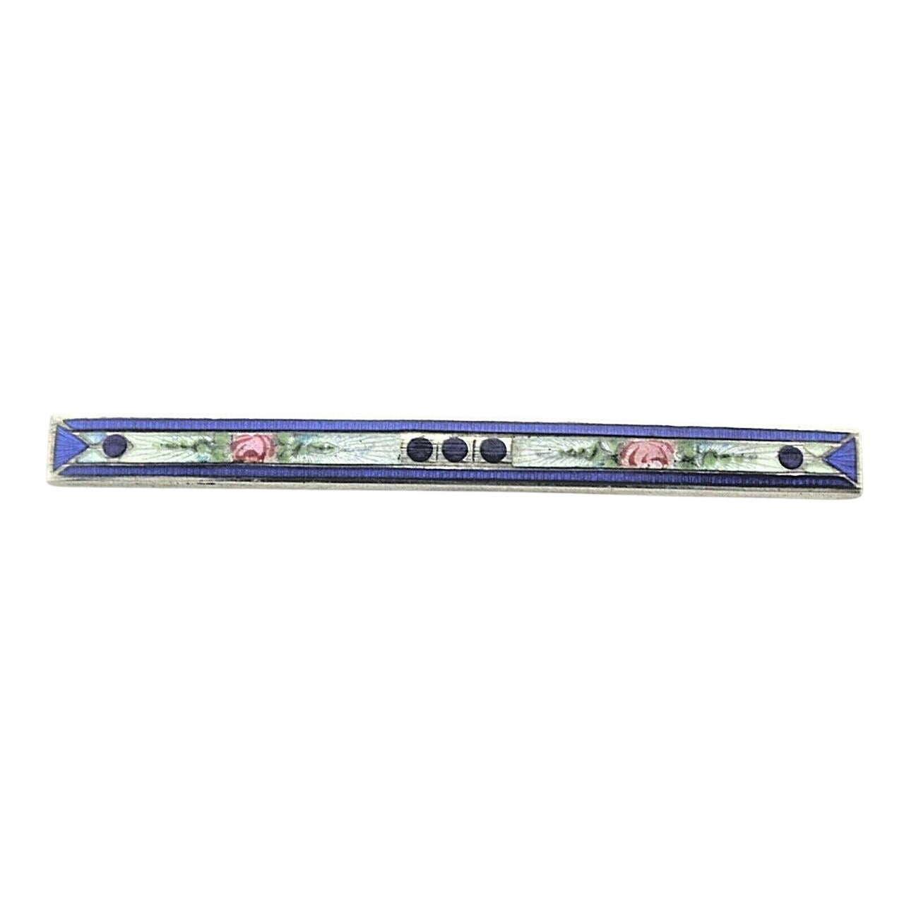 Vintage Sterling Silver & Blue Floral Enamel Bar Pin Brooch 4.3g