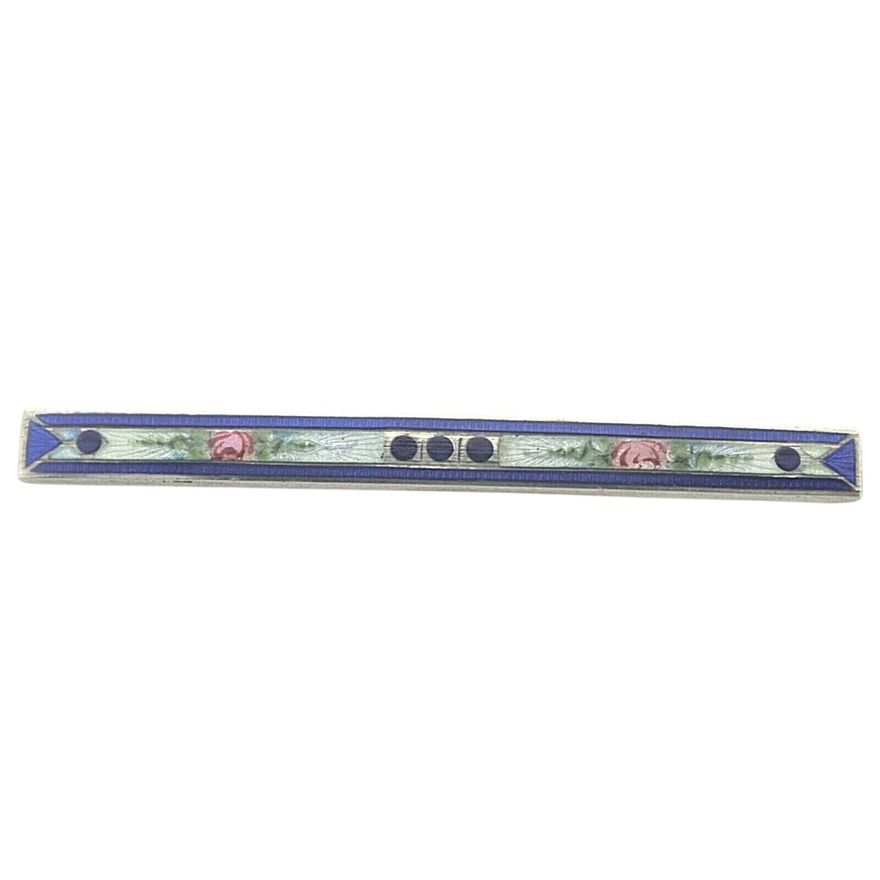 Vintage Sterling Silver & Blue Floral Enamel Bar Pin Brooch 4.3g
