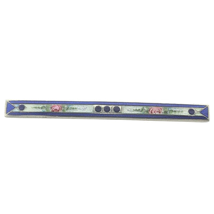 Vintage Sterling Silver & Blue Floral Enamel Bar Pin Brooch 4.3g
