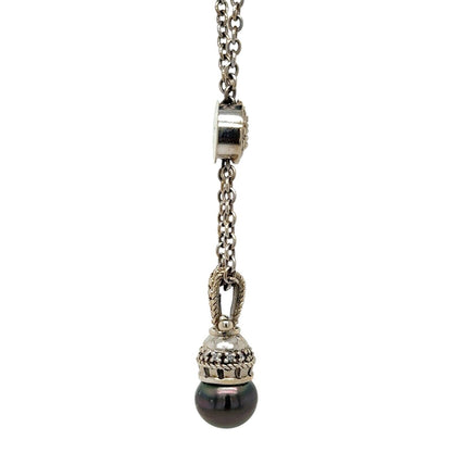 Luxury Black Pearl & Diamond Pendant Necklace 14k White Gold Cable Chain