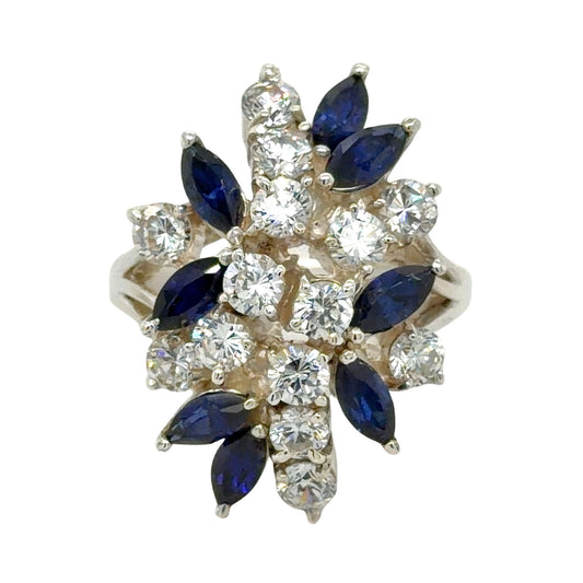 Sapphire & CZ Sterling Silver Cocktail Ring 5.8g Size 6.25