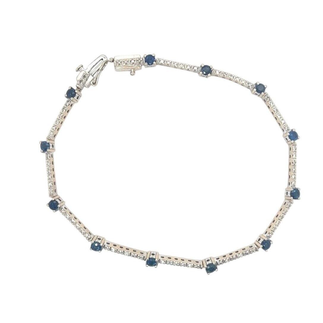 14k White Gold Tennis Bracelet With 1+ Ctw Diamonds & Blue Sapphires 7.25" 8.6g