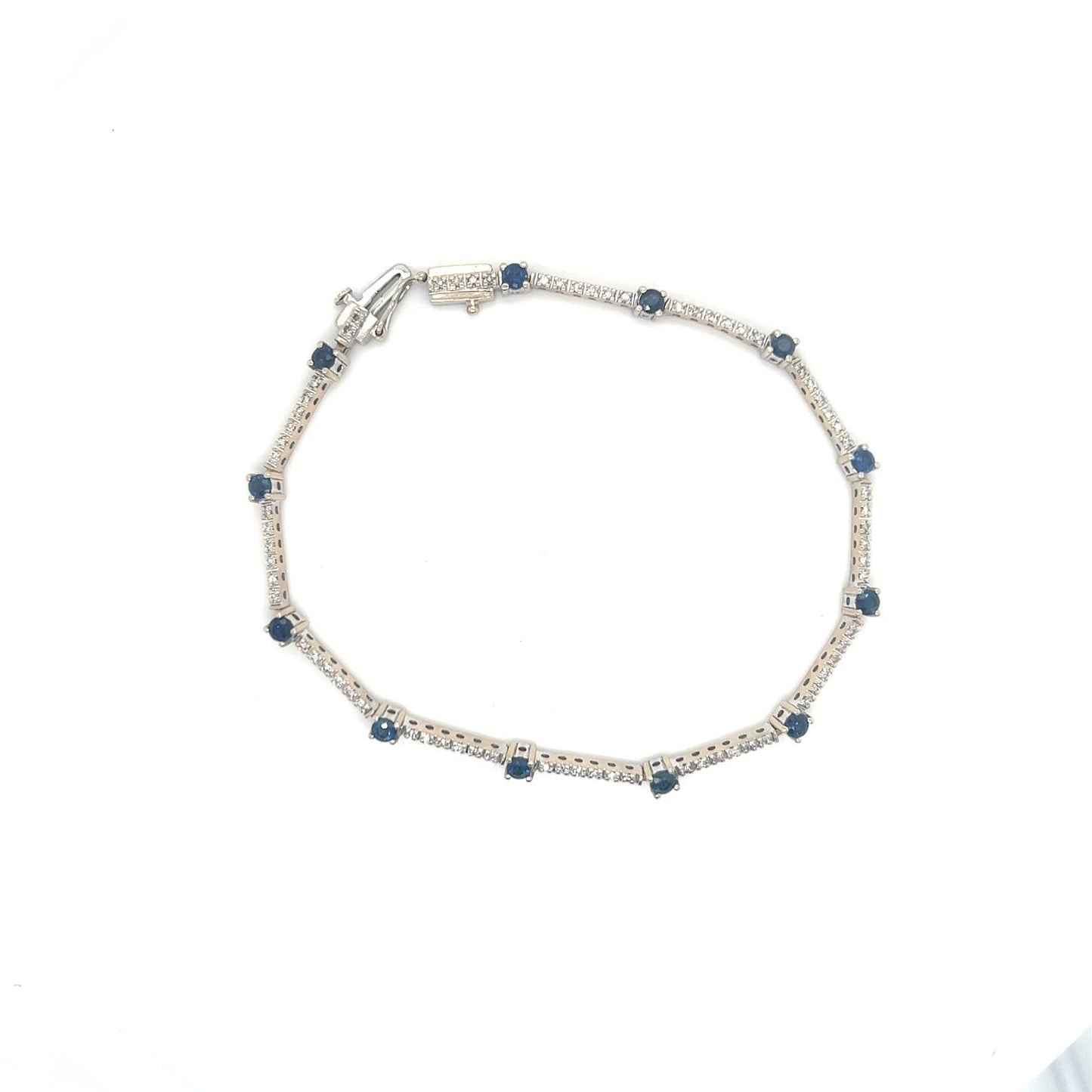 14k White Gold Tennis Bracelet With 1+ Ctw Diamonds & Blue Sapphires 7.25" 8.6g